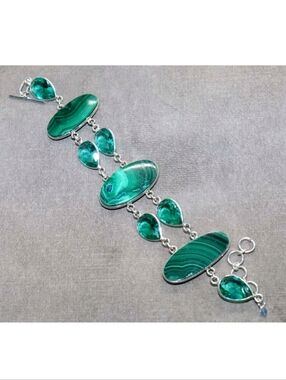 Chrysocolla Malachite, Green Topaz Gemstone 925 Sterling Silver Toggle Bracelet